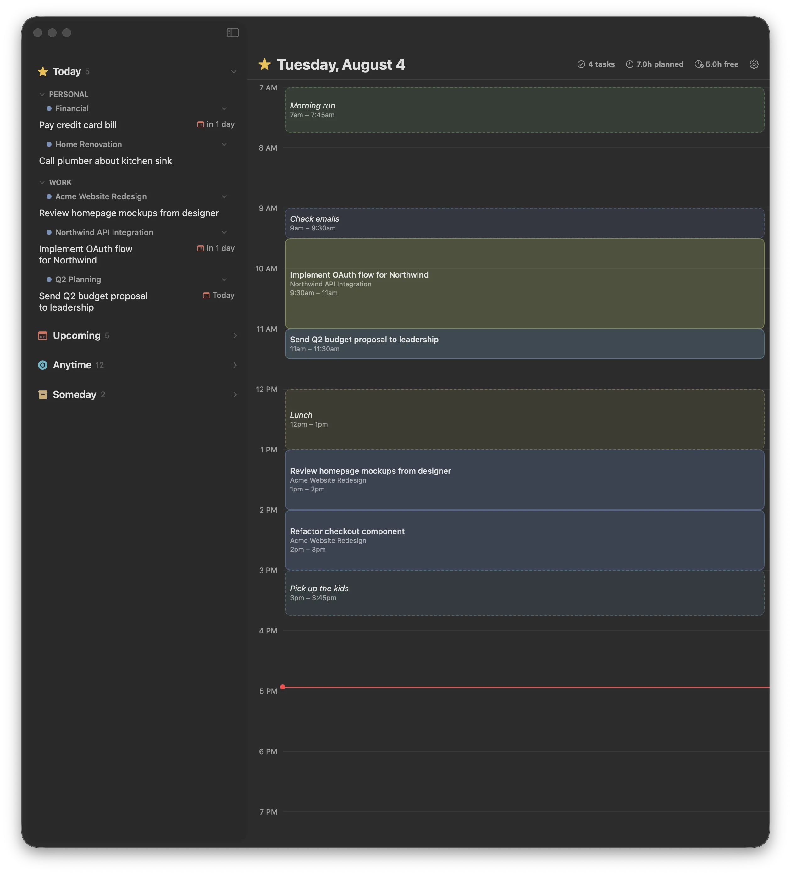 Slotted in dark mode on macOS with a planned day schedule