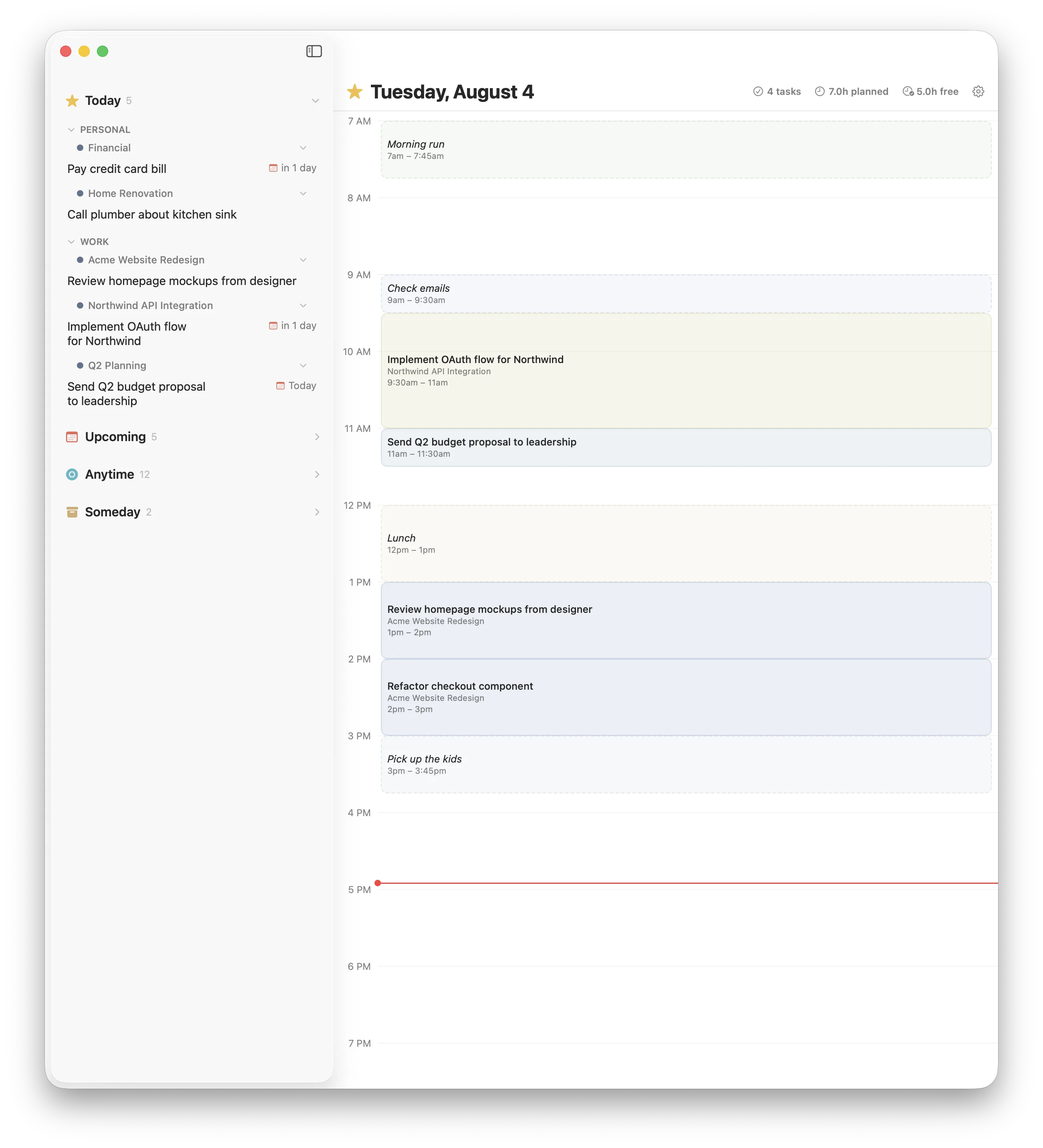 Slotted on macOS: Things 3 tasks on the left, a day schedule with time blocks on the right