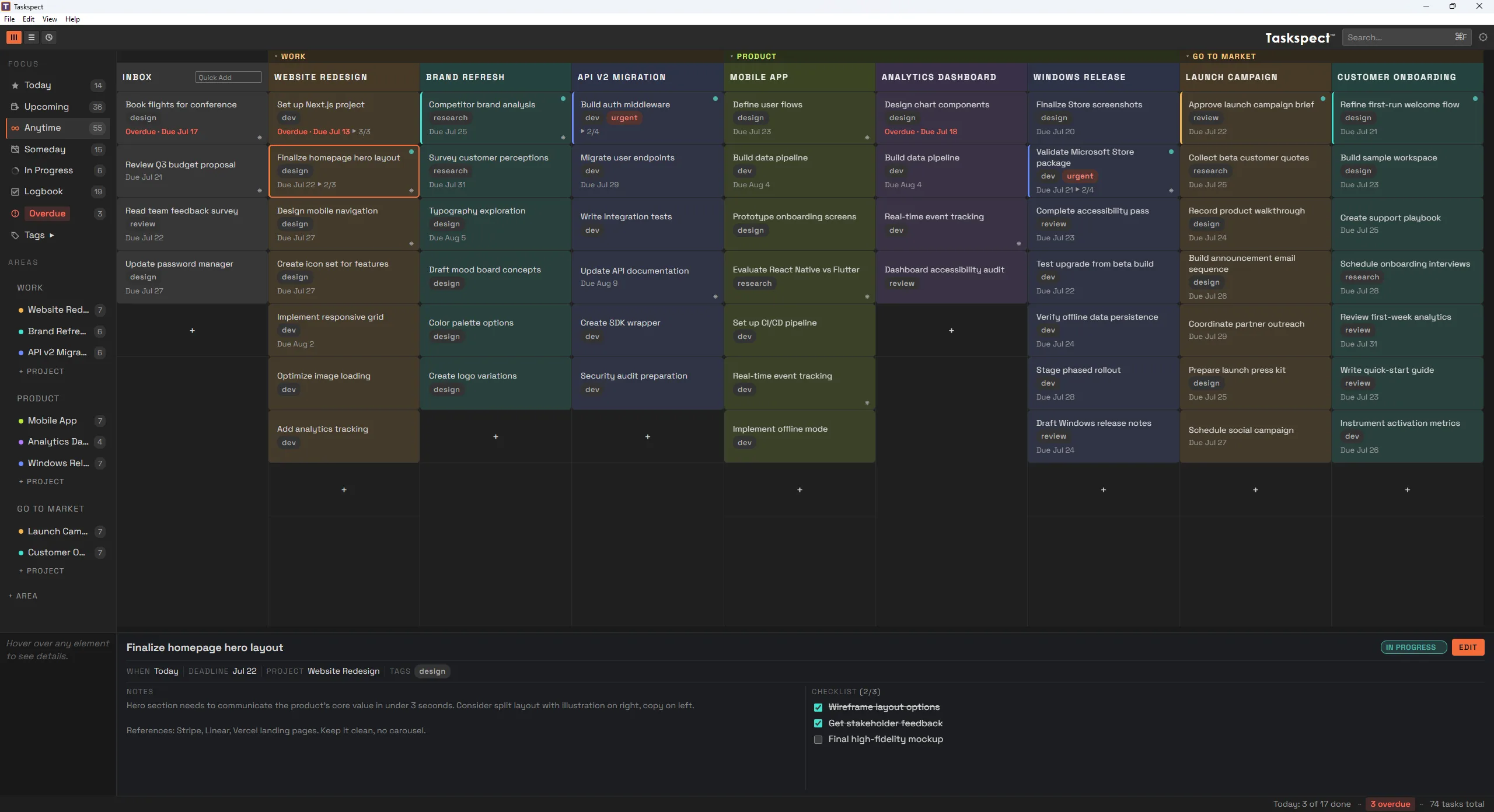 Taskspect Task View for Windows with projects as columns and task cards