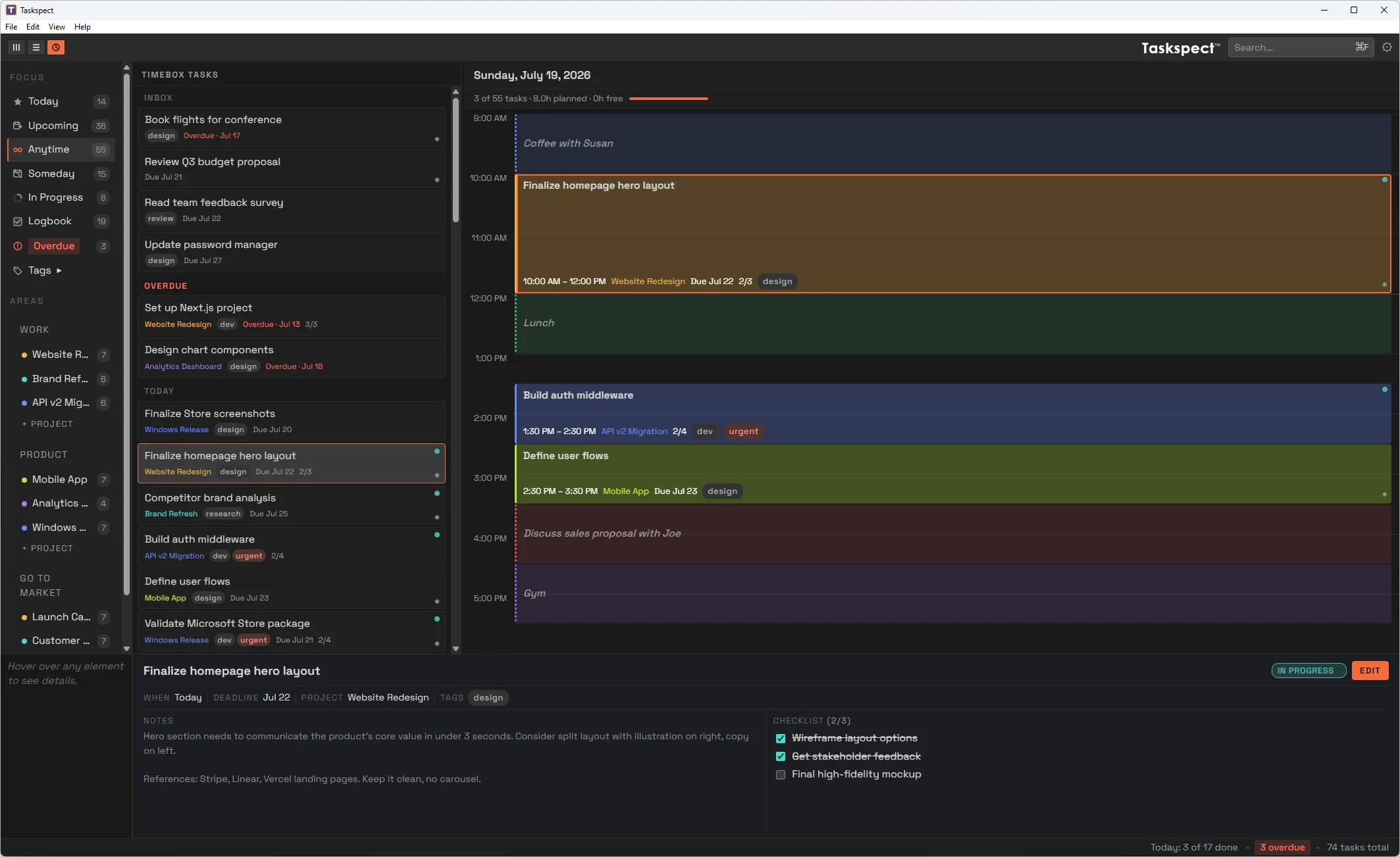 Taskspect Timebox View for Windows with an hourly day planner
