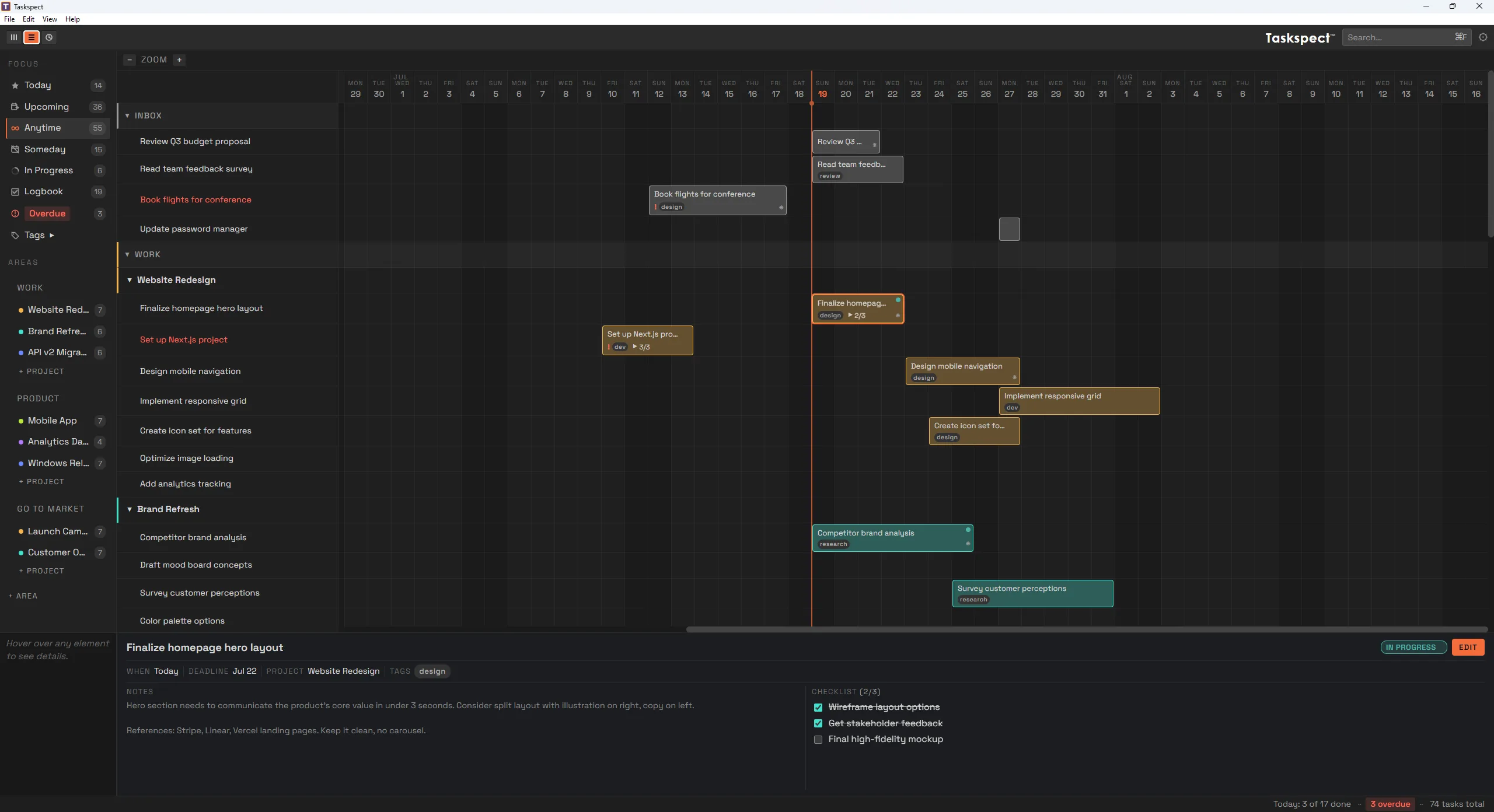 Taskspect Timeline View for Windows with task blocks on a date grid