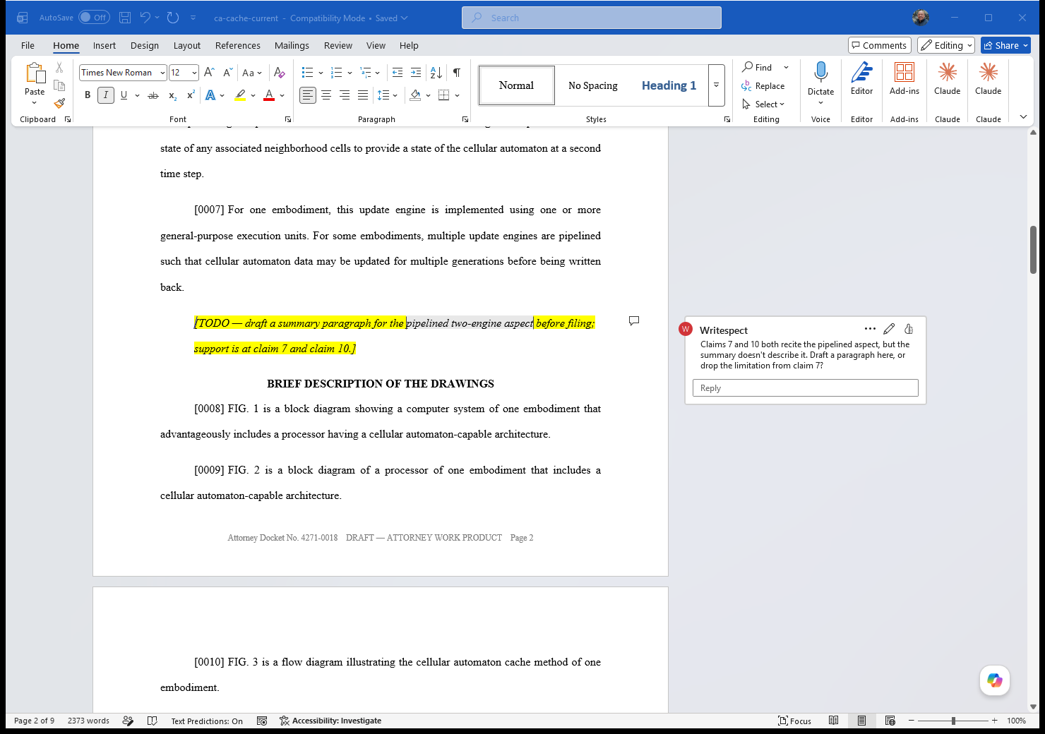 Microsoft Word showing an in-document Writespect review comment