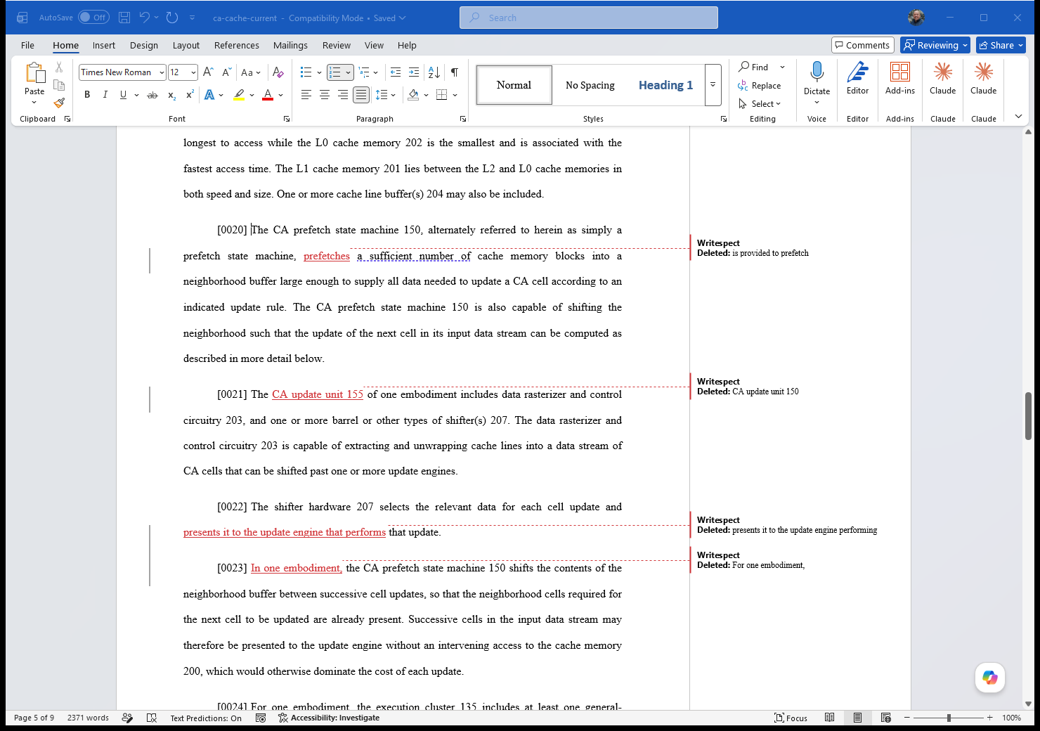 Microsoft Word showing precise tracked edits made through Writespect