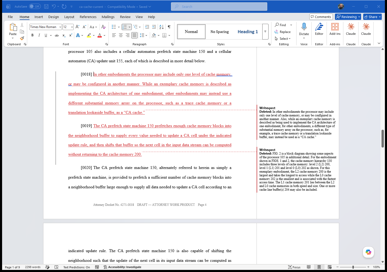 Microsoft Word showing tracked revisions made through Writespect